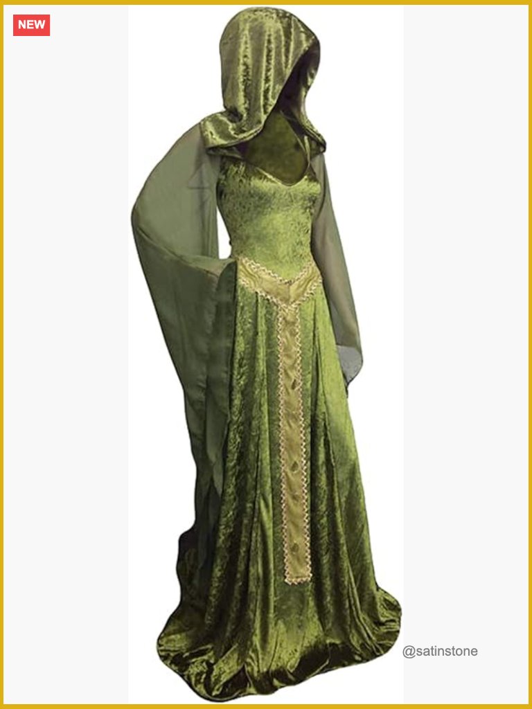 Women's Medieval Hooded Lace Up Velvet Trumpet Sleeve Gown Costume Renaissance